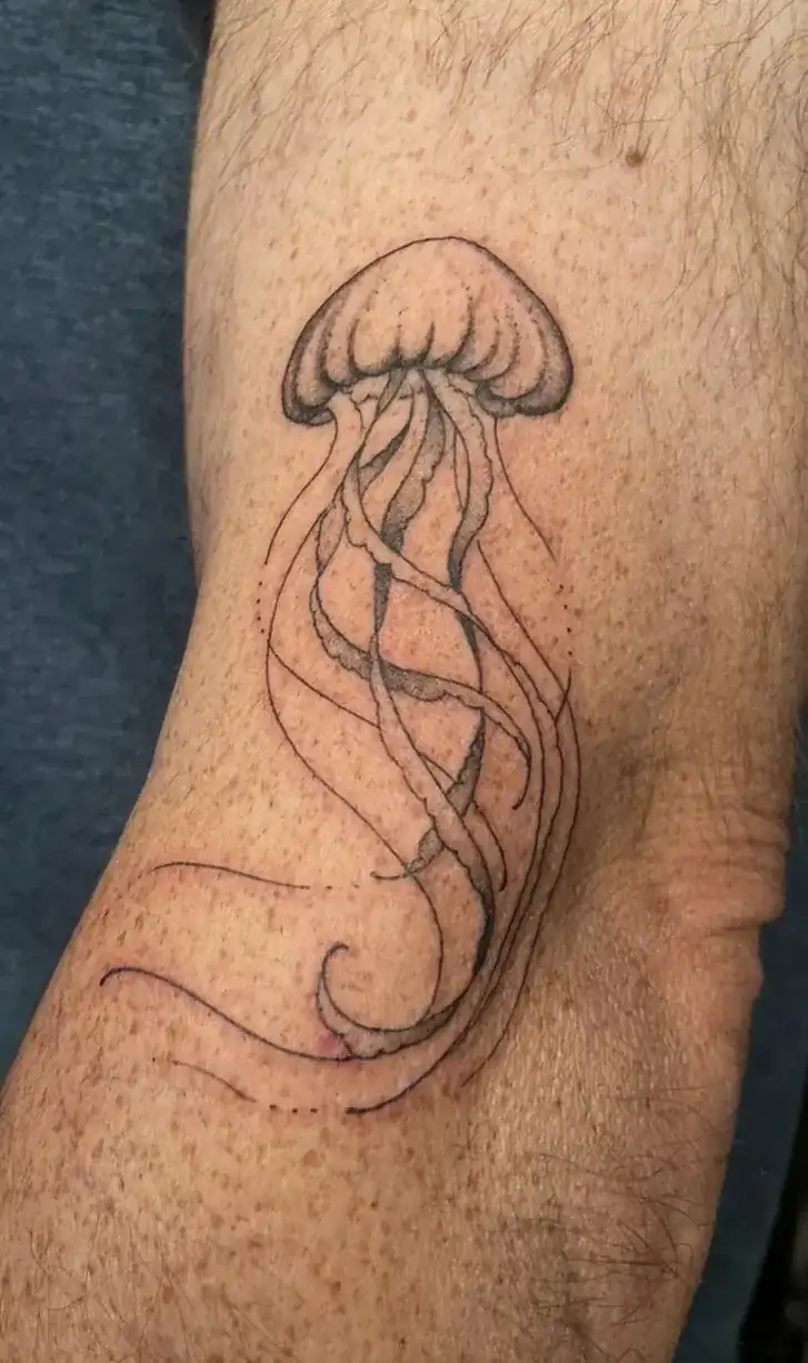 Tatuaje de línea fina en el brazo: una medusa con tentáculos largos.