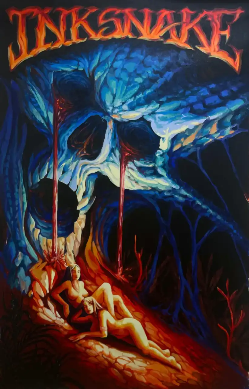 Lámina de InkSnake a color: una calavera azul de la que caen dos chorros de sangre sobre dos figuras tendidas, con el rótulo InkSnake en llamas.